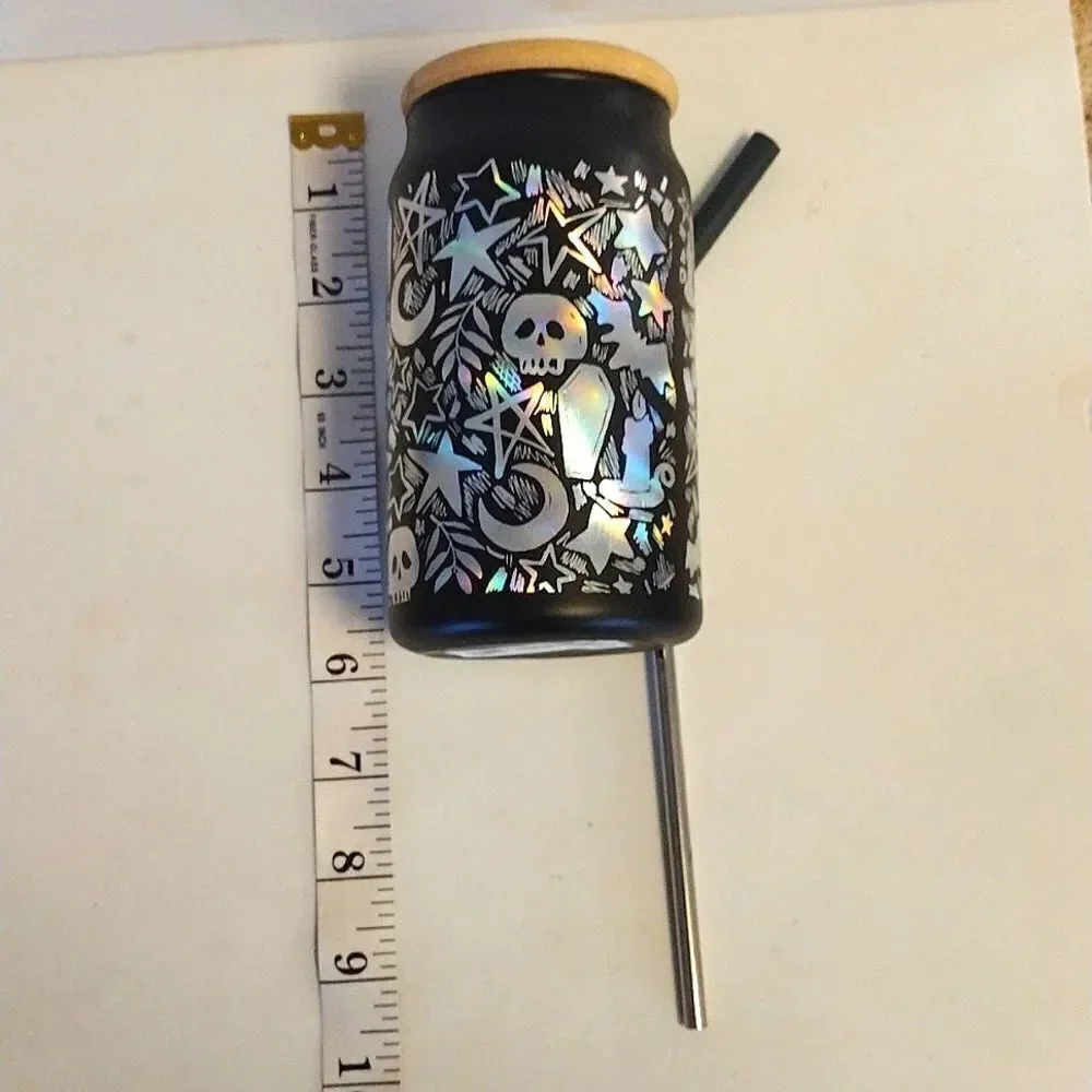 Halloween Black Iridescent‎ Skulls Printed Glass Coffee Cup with Straw NWT